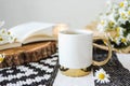 Open book, herbal chamomile tea cup on wooden table, reading and morning relax concept Royalty Free Stock Photo