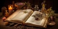 An open book of home remedies, surrounded by a variety of herbal ingredients and medicinal tools, set against a warm