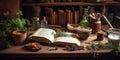 An open book of home remedies, surrounded by a variety of herbal ingredients and medicinal tools, set against a warm