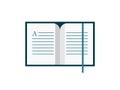 Open book icon with bookmark. Blue text book with lines of text and letter A.