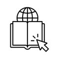 Open book icon with earth. Internet educational resources, online learning courses, open library. Global education