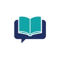 An open book icon in teal is placed over a dark blue speech bubble. The book is Royalty Free Stock Photo