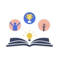 Open Book with Icons Representing Success, Knowledge, and Growth in Modern Illustration Style Royalty Free Stock Photo