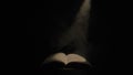 An open book illuminated by a beam of light and smoke on a black isolated studio background. An old textbook with a spot Royalty Free Stock Photo