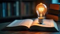 Open book illuminated by glowing lightbulb. Inspiration, innovation concept linked to reading, learning. Study business education