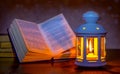 An open book illuminated by a light of a lantern. Lantern with a candle near an open book. Reading at candlelight. Romantic Royalty Free Stock Photo