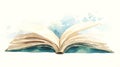 Open book illustration with watercolor effect, showcasing pages in motion, surrounded by soft blue splashes, representing Royalty Free Stock Photo
