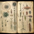 Open book with illustrations of various plants and flowers in the Voynich Manuscript