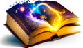 An open book with an image of the universe inside. Generative AI Royalty Free Stock Photo