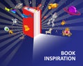 Open Book Imagination concept background. Inspiration reading book with fantasy and creative elements rocket, whale, ufo