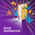 Open Book Imagination with girl, concept background. Inspiration reading book with fantasy and creative elements rocket