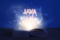 Open book with java inscription. Light coming from open book with word java. Learn programming language