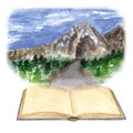 Open book with landscape inside. Road with trees on the sides leading to the mountains. Immerse yourself in fantasy Royalty Free Stock Photo