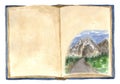 Open book with landscape inside. Road with trees on the sides leading to the mountains. Immerse yourself in fantasy