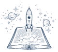 Open book with launching rocket vector linear icon, missile start up from text, space scientific literature library reading line