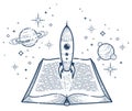 Open book with launching rocket vector linear icon, missile start up from text, space scientific literature library reading line