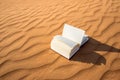 Open notebook stranded in the golden desert dunes during sunset