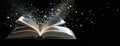 An open book with letters and symbols floating out of its pages against a dark background, representing the concept of Royalty Free Stock Photo