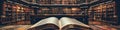 Open book in the library with bookshelf in background. Selective focus. Education concept banner. Royalty Free Stock Photo