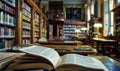 Open book in the library with bookshelf in background. Selective focus. Education concept. Royalty Free Stock Photo