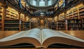 Open book in the library with bookshelf in background. Selective focus. Education concept. Royalty Free Stock Photo