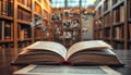 Open book in library setting displays virtual media. Images of people float around pages. Image represents digital publishing