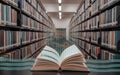 Open book with digital data streams in library aisle books reading image Royalty Free Stock Photo
