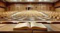 An open book lies on a desk in a large lecture hall with empty desks, suggesting a time of solitude and quiet contemplation