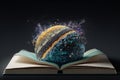 Open book revealing Solar system and universe. Generative AI