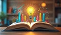 Open book with light bulb, doodle of graphs, data, books. Concept about knowledge, idea, business success in education, Royalty Free Stock Photo