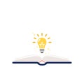 Open book with light bulb. Square banner. Concept of imagination, creativity, research, solution. Vector illustration, flat design