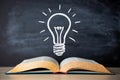 An open book and a lightbulb on a chalkboard background. Royalty Free Stock Photo