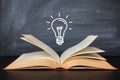An open book and a lightbulb on a chalkboard background. Royalty Free Stock Photo