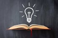 An open book and a lightbulb on a chalkboard background. Royalty Free Stock Photo