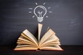 An open book and a lightbulb on a chalkboard background. Royalty Free Stock Photo