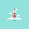 Open book with lighthouse or beacon and clouds on blue background. Vector flat illustration