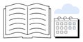Open book with lined pages next to a calendar and cloud symbolizing organization and learning Royalty Free Stock Photo
