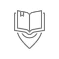 Open book with location mark line icon. City library location, place to read, bookstore symbol