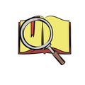 Open book with loupe icon cartoon