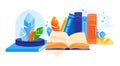 Open book with magic crystals and potion bottles. Enchanted items and spellbook with sparkling gems. Fantasy concept and