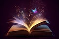 Open book with magic flying butterflies and firework. Generative AI