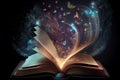 Open book with magic flying pages and butterflies on dark background. Generative AI