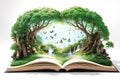 Open book with magic forest inside. Fantasy and imagination, fiction literature and love for reading. Concept of reading
