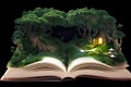 Open book with magic forest inside. Fantasy and imagination, fiction literature and love for reading. Concept of reading