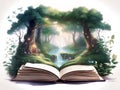 Open book with magic forest inside. Fantasy and imagination, fiction literature and love for reading. Concept of reading