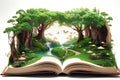 Open book with magic forest inside. Fantasy and imagination, fiction literature and love for reading. Concept of reading