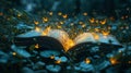 Open book with magic light in the forest, 3d illustration. Generative AI Royalty Free Stock Photo