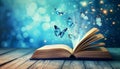 Open book with magic light and glowing butterflies flying out of it on wooden table against light blue bokeh background Royalty Free Stock Photo