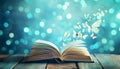 Open book with magic light and glowing butterflies flying out of it on wooden table against light blue bokeh background Royalty Free Stock Photo