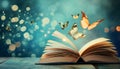 Open book with magic light and glowing butterflies flying out of it on wooden table against light blue bokeh background Royalty Free Stock Photo